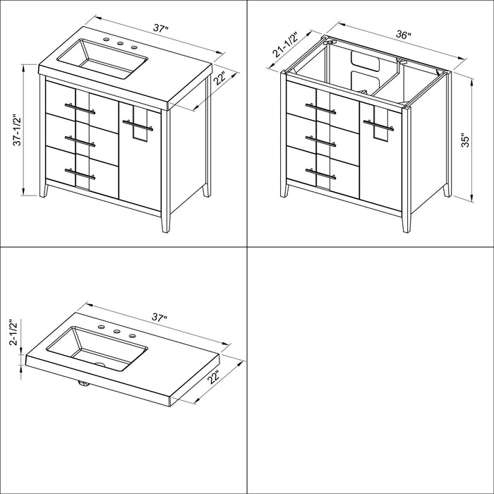 Hardware Resources Jeffrey Alexander Katara 36" Blue Steel Freestanding Vanity With Left Offset, Lavante Cultured Marble Vessel Vanity Top , Backsplash and Rectangle Undermount Sink