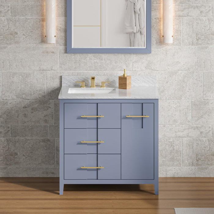 Hardware Resources Jeffrey Alexander Katara 36" Blue Steel Freestanding Vanity With Left Offset, White Carrara Marble Vanity Top, Backsplash and Rectangle Undermount Sink