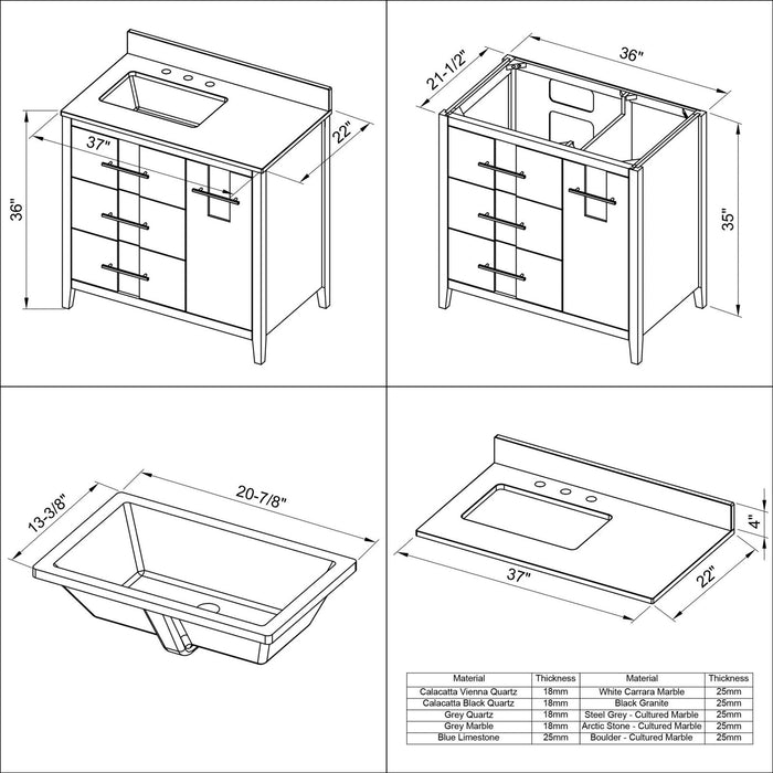 Hardware Resources Jeffrey Alexander Katara 36" Grey Freestanding Vanity With Left Offset, Steel Gray Cultured Marble Vanity Top, Backsplash and Rectangle Undermount Sink