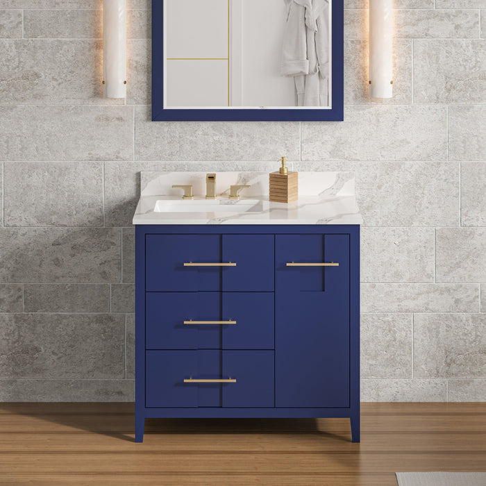 Hardware Resources Jeffrey Alexander Katara 36" Hale Blue Freestanding Vanity With Left Offset, Calacatta Vienna Quartz Vanity Top, Backsplash and Rectangle Undermount Sink
