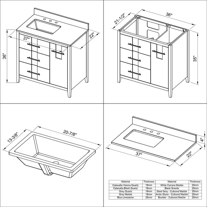Hardware Resources Jeffrey Alexander Katara 36" White Freestanding Vanity With Left Offset, Black Granite Vanity Top, Backsplash and Rectangle Undermount Sink