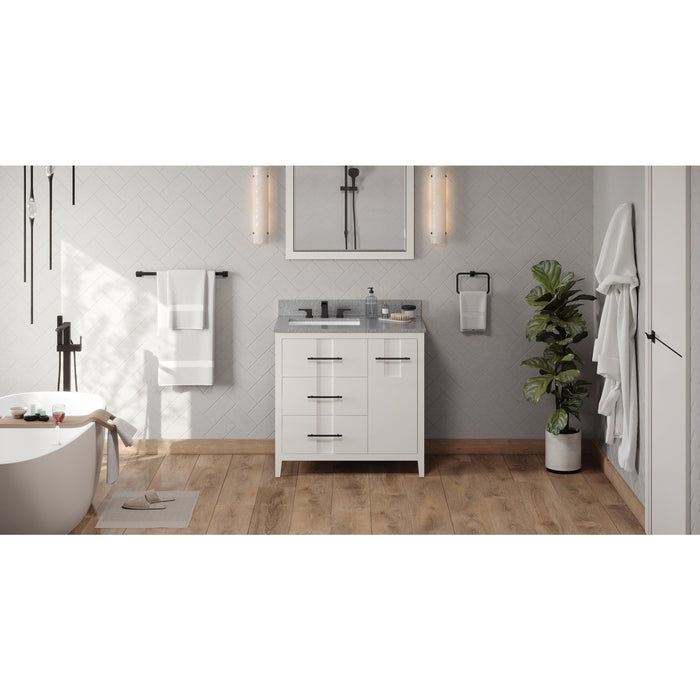 Hardware Resources Jeffrey Alexander Katara 36" White Freestanding Vanity With Left Offset, Steel Gray Cultured Marble Vanity Top, Backsplash and Rectangle Undermount Sink