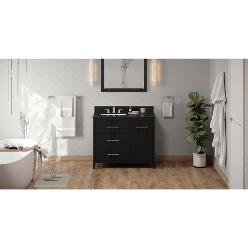 Hardware Resources Jeffrey Alexander Katara 42" Black Freestanding Vanity With Left Offset, Black Granite Vanity Top, Backsplash and Rectangle Undermount Sink