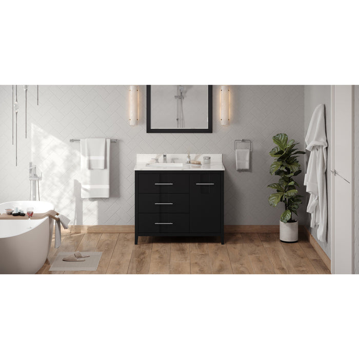 Hardware Resources Jeffrey Alexander Katara 42" Black Freestanding Vanity With Left Offset, Calacatta Vienna Quartz Vanity Top, Backsplash and Rectangle Undermount Sink