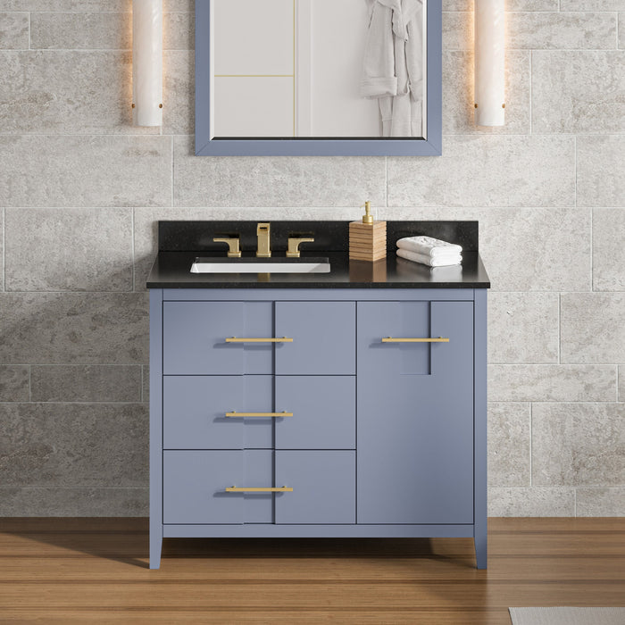 Hardware Resources Jeffrey Alexander Katara 42" Blue Steel Freestanding Vanity With Left Offset, Black Granite Vanity Top, Backsplash and Rectangle Undermount Sink