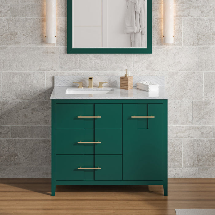 Hardware Resources Jeffrey Alexander Katara 42" Green Freestanding Vanity With Left Offset, White Carrara Marble Vanity Top, Backsplash and Rectangle Undermount Sink