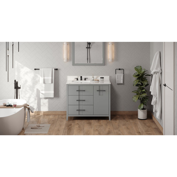 Hardware Resources Jeffrey Alexander Katara 42" Grey Freestanding Vanity With Left Offset, Calacatta Vienna Quartz Vanity Top, Backsplash and Rectangle Undermount Sink
