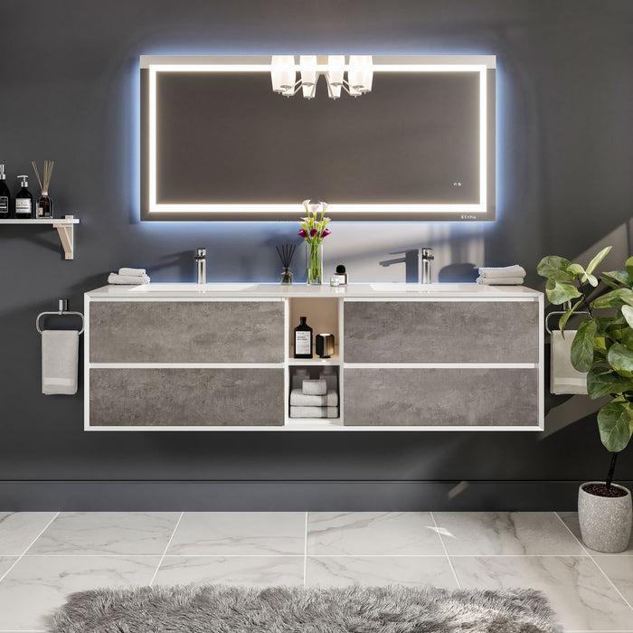 Eviva Vienna 75" Wall Mount Double Sink Bathroom Vanity in Ash w/ White Frame, Cement Gray w/ White Frame, or Gray Oak w/ White Frame Finish with White Integrated Acrylic Top