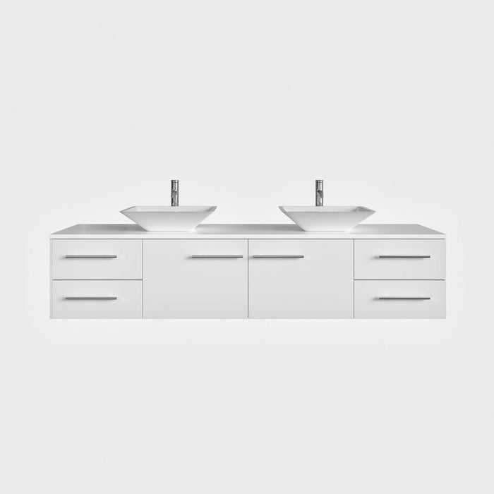 Eviva Totti Wave 60" Modern Double Sink Bathroom Vanity in Espresso, Gray, or White, Finish with Super White Man-Made Stone Countertop & Porcelain Vessel Sinks