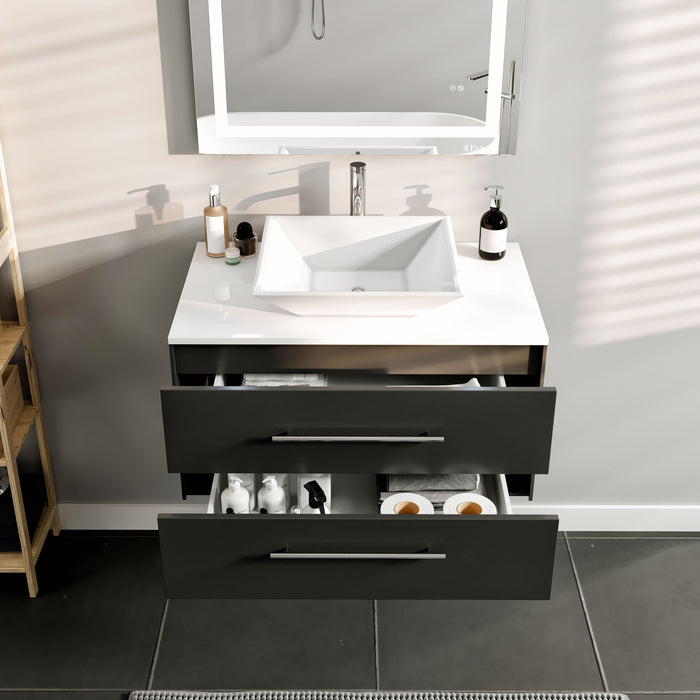 Eviva Totti Wave 30" Modern Bathroom Vanity in Espresso, Gray, or White, Finish with Super White Man-Made Stone Countertop and Porcelain Vessel Sink