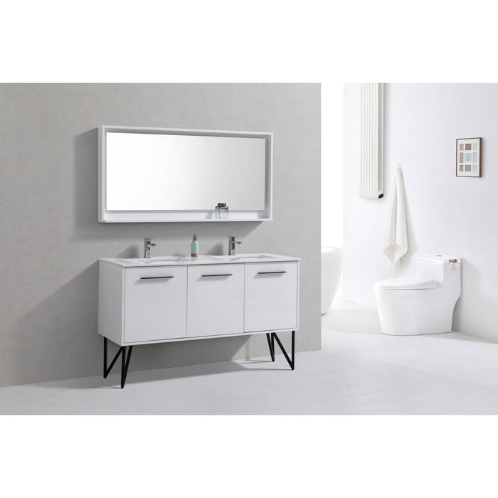 KubeBath Bosco 60" Double Sink Modern Bathroom Vanity with Quartz Countertop and Matching Mirror