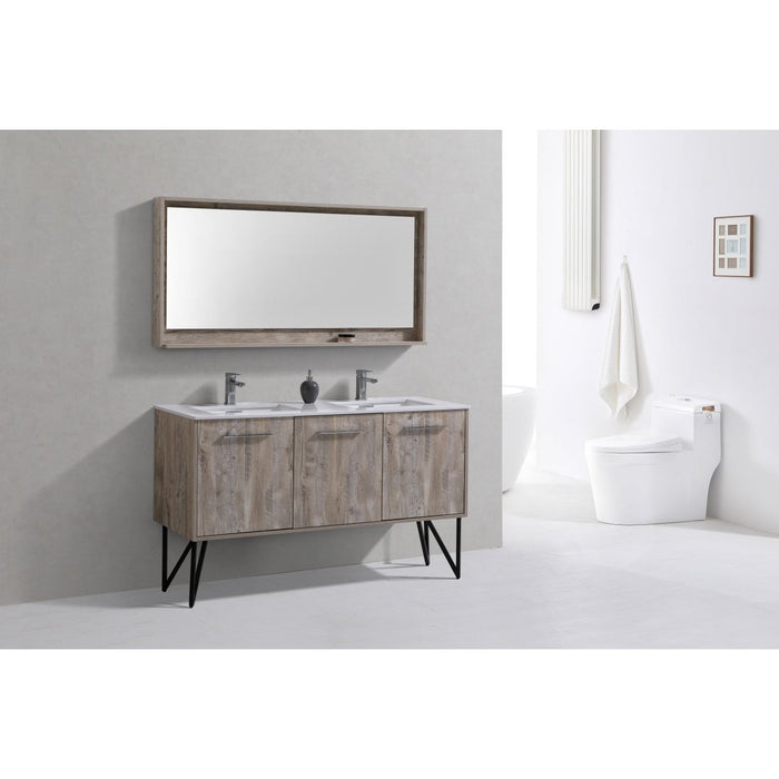 KubeBath Bosco 60" Double Sink Modern Bathroom Vanity with Quartz Countertop and Matching Mirror