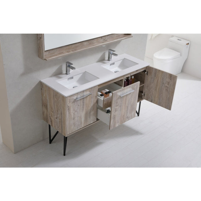 KubeBath Bosco 60" Double Sink Modern Bathroom Vanity with Quartz Countertop and Matching Mirror