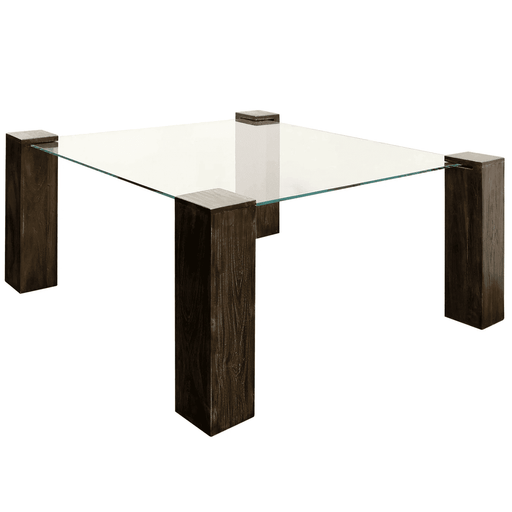 Harp & Finial KOBE DINING TABLE- LARGE SQUARE | Vintage Iron Finish on Wood Legs with Floating Glass HFF25177