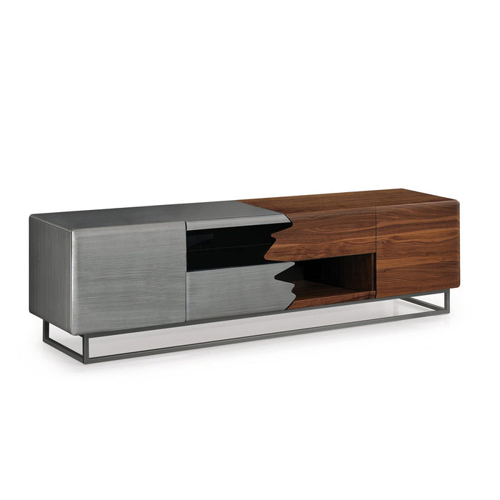 Bellini Modern Living Walnut-Iron brushed Tv bench in brushed mdf and solid walnut with 4 doors and metal plinth Kali-1100 TV WAL-IRN