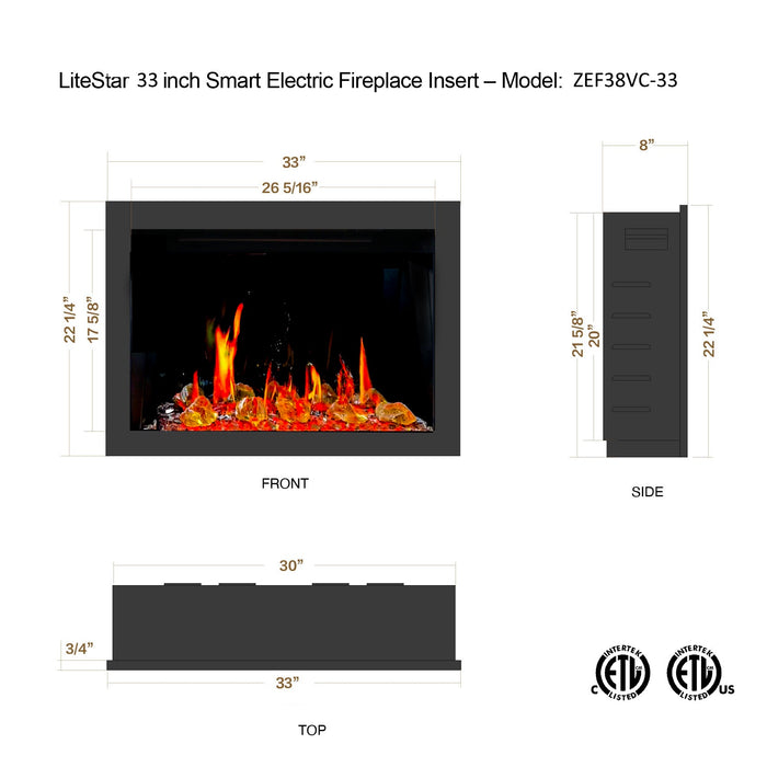 LiteStar 33" Smart Electric Fireplace Insert with App Reflective Amber Glass, Crackling Sounds Model: ZEF38VC-33A , Black