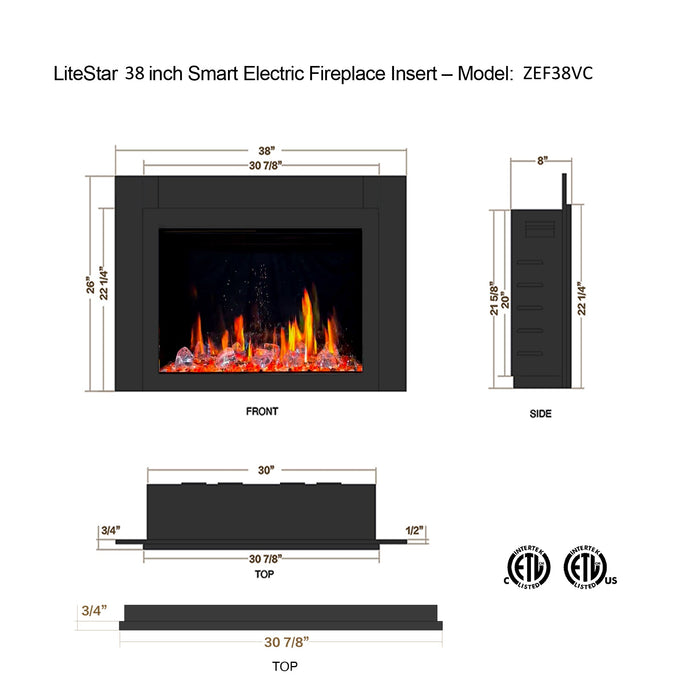 LiteStar 38" Smart Electric Fireplace Insert with App Diamond-like Crystal - ZEF38VC-C