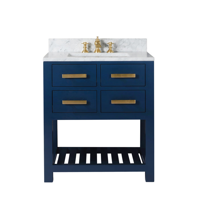 Water Creation Madalyn 30 Inch Monarch Blue Single Sink Bathroom Vanity With F2-0013 Satin Gold Faucet From The Madalyn Collection MA30CW06MB-000FX1306