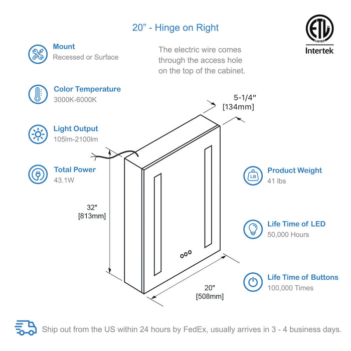 Blossom Pillar – 20 Inches LED Medicine Cabinet