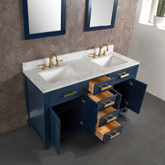 Water Creation Madison Madison 60-Inch Double Sink Carrara White Marble Vanity In Monarch Blue MS60CW06MB-000000000