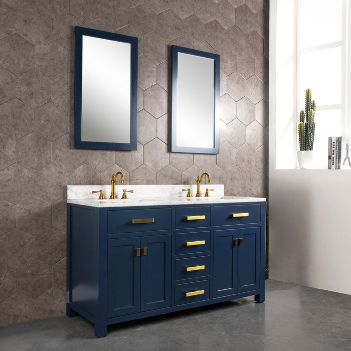 Water Creation Madison Madison 60-Inch Double Sink Carrara White Marble Vanity In Monarch BlueWith F2-0012-06-TL Lavatory Faucet s MS60CW06MB-000TL1206