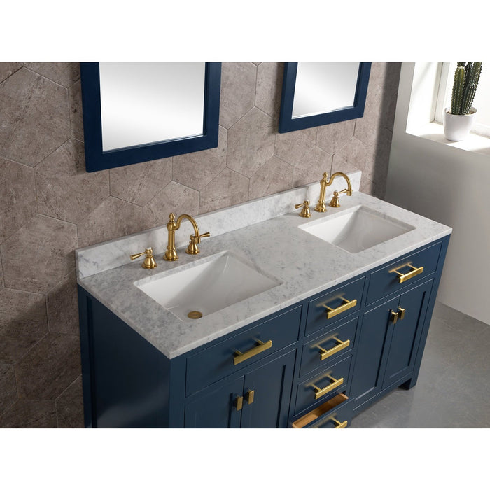 Water Creation Madison Madison 60-Inch Double Sink Carrara White Marble Vanity In Monarch BlueWith F2-0012-06-TL Lavatory Faucet s MS60CW06MB-000TL1206