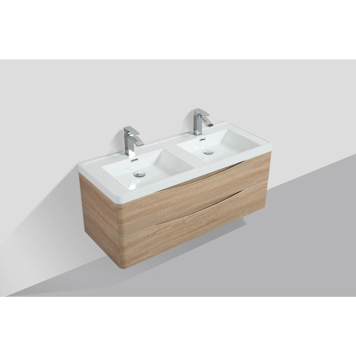 Eviva Smile 48" Wall Mount Modern Double Bathroom Vanity in White Oak Finish with White Integrated Acrylic Top