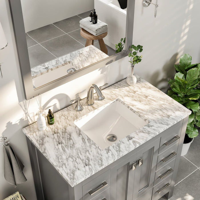 Eviva Hampton 36" Transitional Bathroom Vanity in Gray or White Finish with White Carrara Countertop and Undermount Porcelain Sink