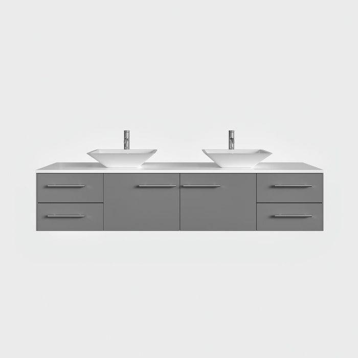 Eviva Totti Wave 60" Modern Double Sink Bathroom Vanity in Espresso, Gray, or White, Finish with Super White Man-Made Stone Countertop & Porcelain Vessel Sinks