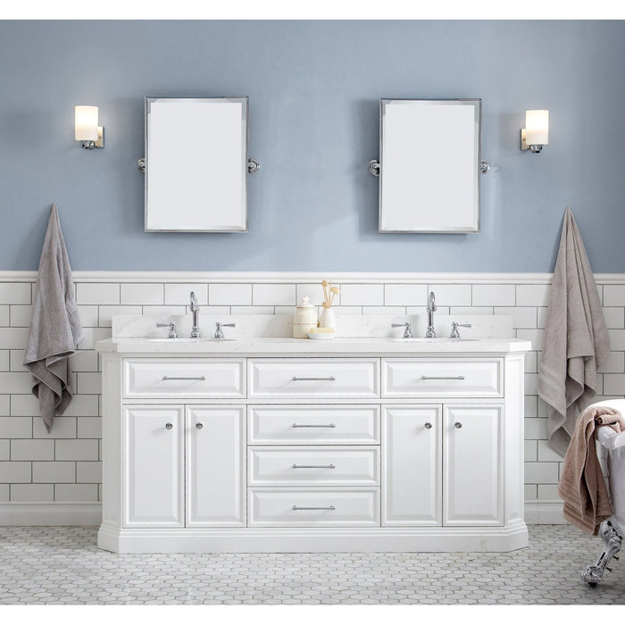 Water Creation Palace 72"" Palace Collection Quartz Carrara Pure White Bathroom Vanity Set With Hardware And F2-0012 Faucets in Chrome Finish PA72QZ01PW-000TL1201