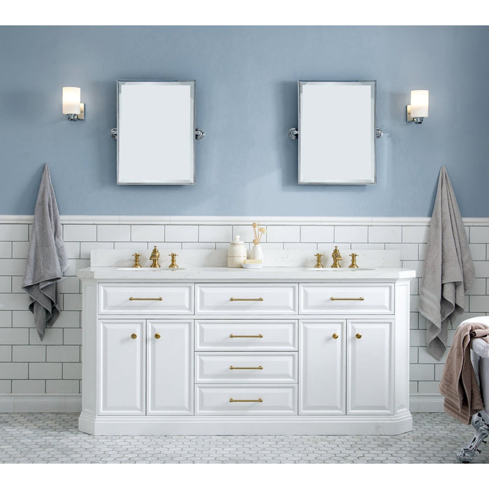 Water Creation Palace 72"" Palace Collection Quartz Carrara Pure White Bathroom Vanity Set With Hardware And F2-0013 Faucets in Satin Gold Finish And Only Mirrors in Chrome Finish PA72QZ06PW-000FX1306