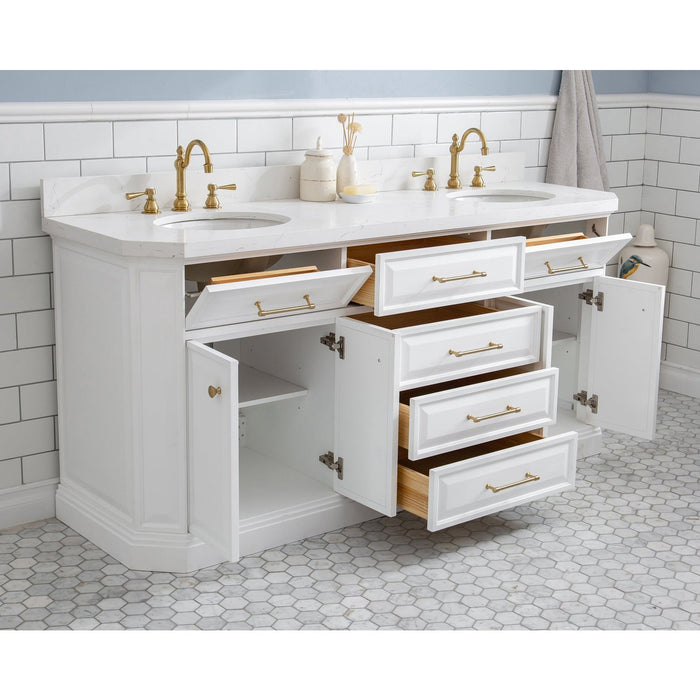 Water Creation Palace 72"" Palace Collection Quartz Carrara Pure White Bathroom Vanity Set With Hardware And F2-0012 Faucets in Satin Gold Finish And Only Mirrors in Chrome Finish PA72QZ06PW-E18TL1206