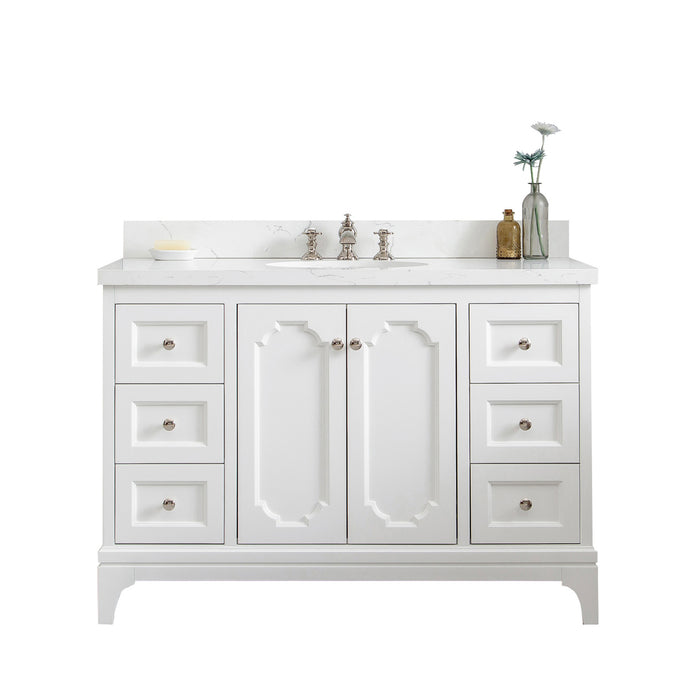 Water Creation Queen Queen 48-Inch Single Sink Quartz Carrara Vanity In Pure White With F2-0013-05-FX Lavatory Faucet s QU48QZ05PW-000FX1305