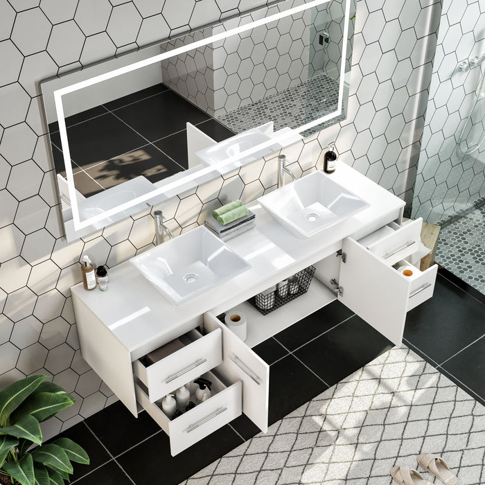 Eviva Totti Wave 60" Modern Double Sink Bathroom Vanity in Espresso, Gray, or White, Finish with Super White Man-Made Stone Countertop & Porcelain Vessel Sinks