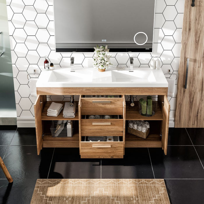 Eviva Lugano 60" Modern Double Sink Bathroom Vanity in Natural Oak Finish with White Integrated Acrylic Top