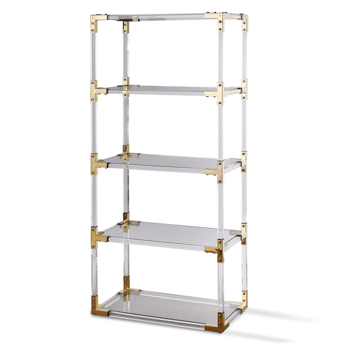 Harp & Finial RANI BOOKCASE | Acrylic and Clear Glass with Brass Finish on Metal HFF26237
