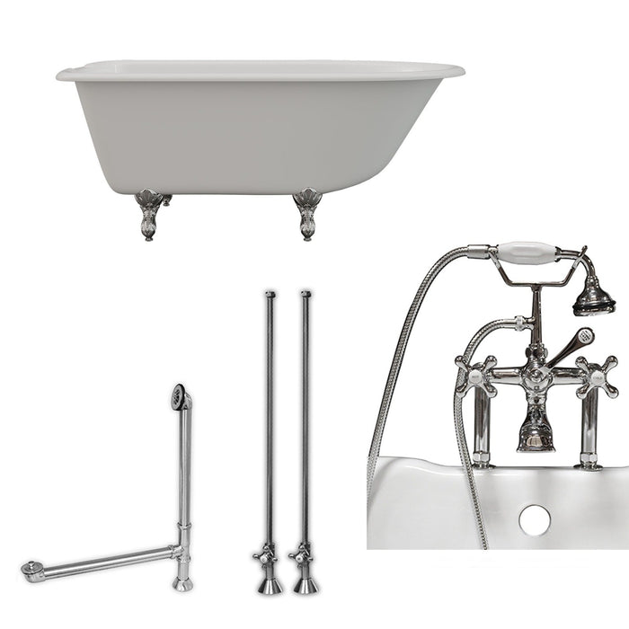 Cambridge Plumbing Cast-Iron Rolled Rim Clawfoot Tub 55" X 30" with 7" Deck Mount Faucet Drillings And British Telephone Complete Polished Chrome Plumbing Package With Six Inch Deck Mount Risers RR55-463D-6-PKG-CP-7DH