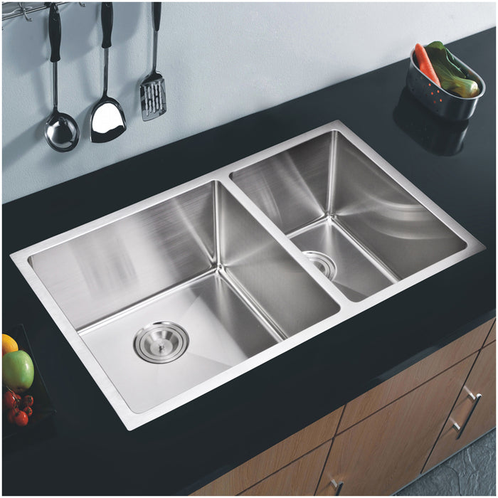 Water Creation 33 Inch X 20 Inch 15mm Corner Radius 60/40 Double Bowl Stainless Steel Hand Made Undermount Kitchen Sink With Drains, Strainers, And Bottom Grids SSSG-UD-3220B-16
