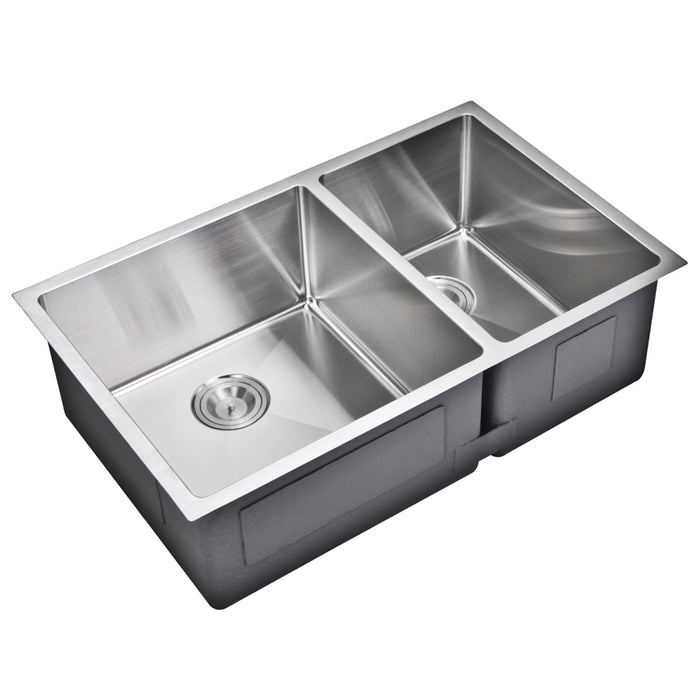 Water Creation 33 Inch X 20 Inch 15mm Corner Radius 60/40 Double Bowl Stainless Steel Hand Made Undermount Kitchen Sink With Drains, Strainers, And Bottom Grids SSSG-UD-3220B-16