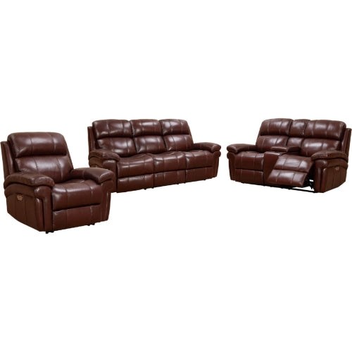 Sunset Trading Luxe Leather 3 Piece Reclining Living Room Set with Power Headrests | USB Ports | Loveseat with Console | Dual Recline Sofa | Chair Recliner | Brown SU-9102-88-1394-3P