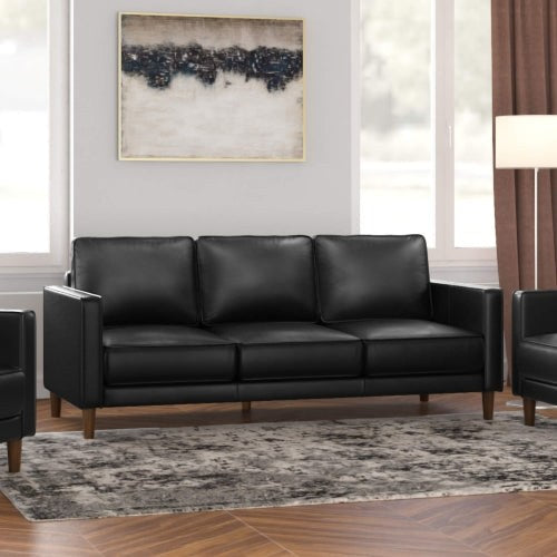 Sunset Trading Prelude 79" Wide Black Top Grain Leather Sofa | Mid Century Modern 3 Seater Couch SU-PR15070-80-300E