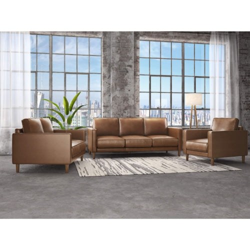 Sunset Trading Prelude 3 Piece Top Grain Leather Living Room Set | Chestnut Brown | Mid Century Modern Sofa Loveseat and Chair SU-PR15070-86-E3P