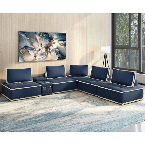 Sunset Trading Pixie 6 Piece Sofa Sectional | Modular Couch | Bluetooth Speaker Console Outlets USB Storage Cupholders | Navy Blue and Cream Fabric SU-UPX1671135-5A-MNW