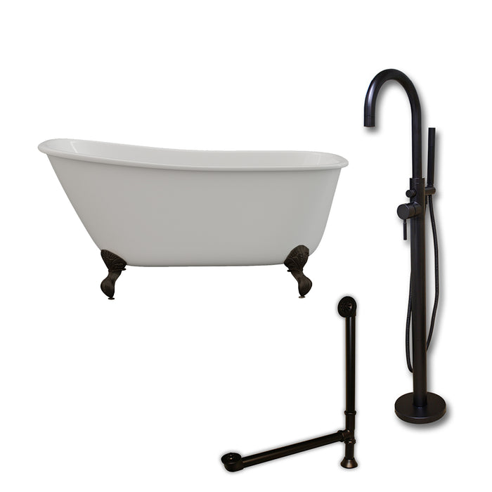 Cambridge Plumbing Cast Iron Swedish Slipper Tub 54" X 30" with no Faucet Drillings and Complete Oil Rubbed Bronze Modern Freestanding Tub Filler with Hand Held Shower Assembly Plumbing Package SWED54-150-PKG-ORB-NH