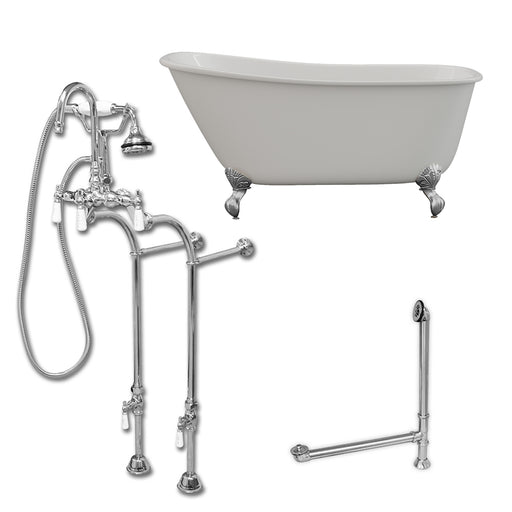 Cambridge Plumbing Cast Iron Swedish Slipper Tub 54" X 30" with no Faucet Drillings and Complete Polished Chrome Free Standing English Telephone Style Faucet with Hand Held Shower Assembly Plumbing Package SWED54-398684-PKG-CP-NH