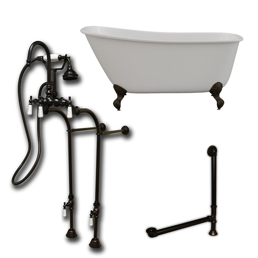 Cambridge Plumbing Cast Iron Swedish Slipper Tub 54" X 30" with no Faucet Drillings and Complete Oil Rubbed Bronze Free Standing English Telephone Style Faucet with Hand Held Shower Assembly Plumbing Package SWED54-398684-PKG-ORB-NH