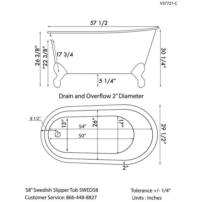 Cambridge Plumbing Cast Iron Swedish Slipper Tub 58" X 30" with no Faucet Drillings and Complete Oil Rubbed Bronze Modern Freestanding Tub Filler with Hand Held Shower Assembly Plumbing Package SWED58-150-PKG-ORB-NH