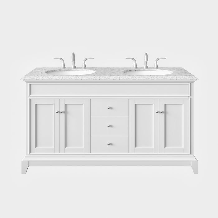 Eviva Elite Stamford 60" Double Sink Bathroom Vanity in Gray or White Finish with Double Ogee Edge White Carrara Top