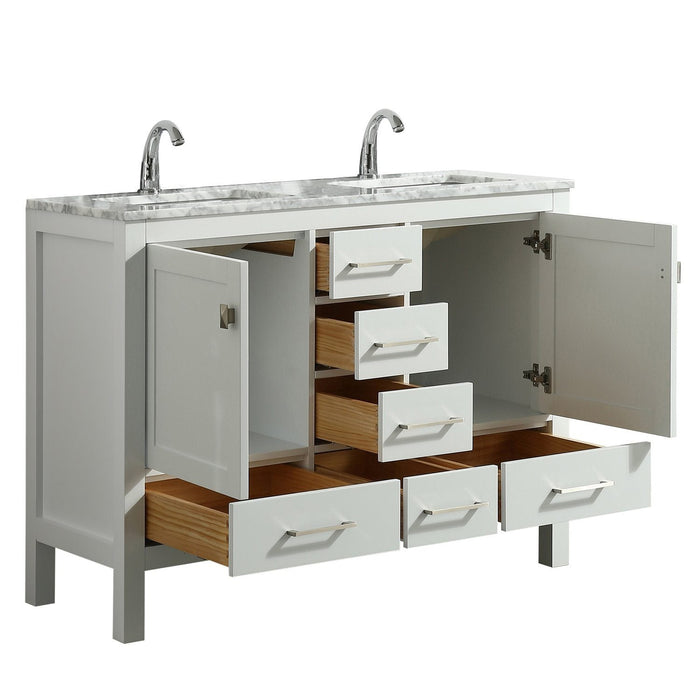 Eviva London 48" X 18" Transitional bathroom vanity with white Carrara marble and double Porcelain Sinks