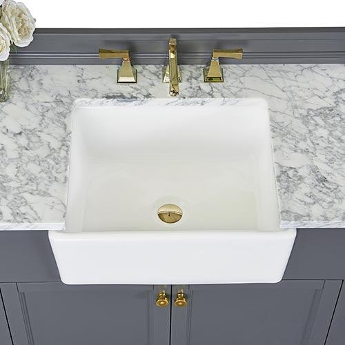 Ancerre Adeline Single Vanity Set with Italian Carrara White Marble Vanity Top and White Undermount Farmhouse Basin with Gold Hardware